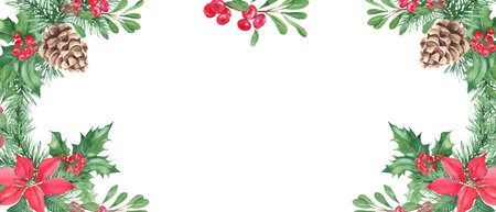 Horizontal watercolor Christmas border, frame. Hand drawn illustration. Pine cone and branches, Holly plant with red berries. Poinsettia with Cowberry, lingonberry. Perfect as a web banner or card and invitation template.の写真素材