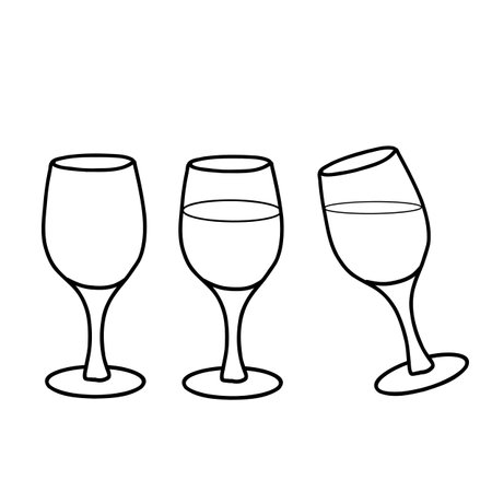 Empty and full wine glasses. Vector drawing isolated. Hand drawn illustration, line art. Alcohol beverage glassware doodle.のイラスト素材