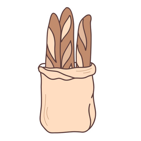 French baguettes in a paper bag. Bread vector illustration isolated. For bakery designs.のイラスト素材
