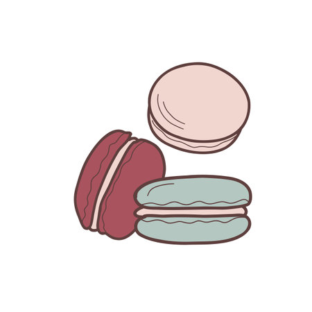 Macaroons vector flat illustration. Sweet french cookies, multicolored isolated on white background.のイラスト素材