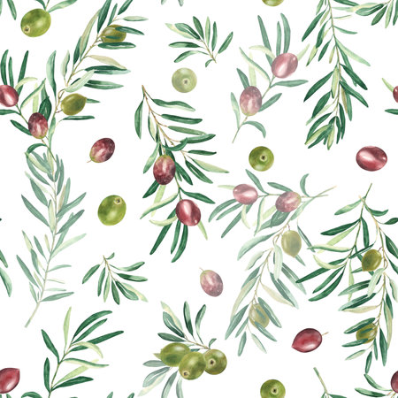 Watercolor seamless pattern with branches of green and red olives on a white background. Can be used for textile, wallpaper prints, kitchen, food and cosmetic design.の写真素材