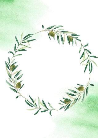 Floral background card template with green olive wreath and watercolor splashes. For save the date, greeting, rustic wedding card and cover design.の写真素材