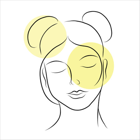 Woman face line art in pastel yellow shades. Minimalistic style. Vector hand drawn beauty fashion illustration for poster, logo, cosmetics or makeup design and t-shirt prints.のイラスト素材