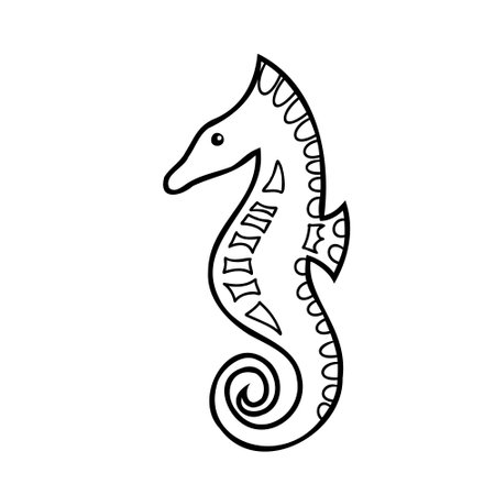 Hand drawn seahorse vector illustration isolated on white background. Marine underwater design element in doodle cartoon style for card, menu, print. Summer sea clipart.のイラスト素材