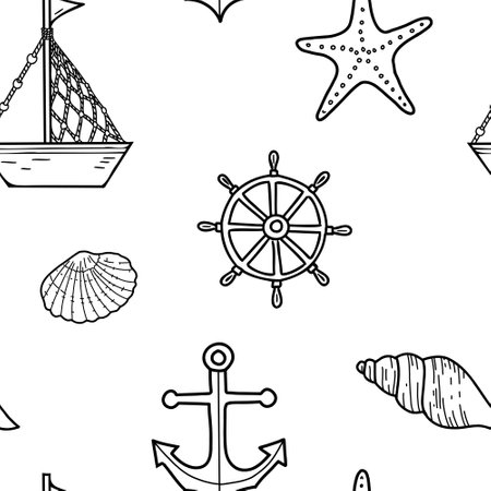 Marine Hand drawn Seamless Pattern with cute Ship, Boat, Nautical Anchor and Steering Wheel. Sea shells and sea star. Vector illustration, line art. For fabric, wallpaper and marine beach design.のイラスト素材