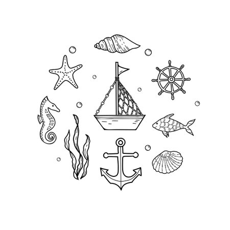 Marine set. Cute ship, boat, anchor and steering wheel. Hand drawn Sea Shells, Star, horse and Fish. Vector illustrations of Seaweeds, laminaria algae and Water Bubbles in doodle style.のイラスト素材