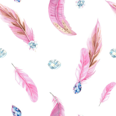 Watercolor Seamless Pattern with Pink Feathers and Jewelry Crystals or Beads. Hand drawn watercolor illustration. Can be used for fabric, textile and packaging prints.の写真素材