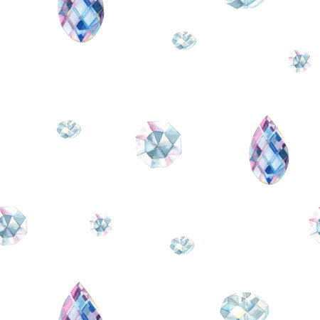 Jewelry, Crystals Watercolor Seamless Pattern. Hand drawn illustration on white background. Can be used for fabric, textile and packaging prints and decoration.の写真素材