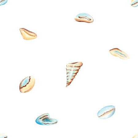 Seashells Watercolor Under the sea hand drawn Seamless Pattern. For fabric, textiles, baby clothes, wallpaper, marine beach design.の写真素材