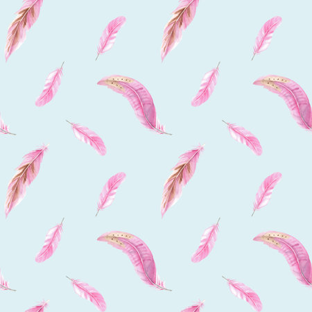 Seamless Pattern of pink Feathers. Watercolor Illustration on blue Background. Hand drawn. Can be used for fabric, textile and packaging prints.の写真素材