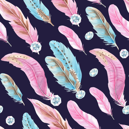 Watercolor Seamless Pattern with pink and blue Feathers and Jewelry Crystals or Beads on a dark blue background. Hand drawn watercolor illustration. Can be used for fabric, textile and packaging prints.の写真素材