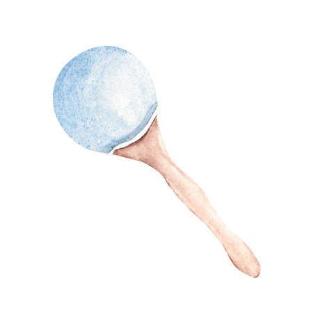 Rattle from Wood. Vintage Eco Baby Toy. Blue ball on a Stick. Watercolor hand drawn illustration isolated on white background. Design element for Kids goods, tags, Baby and Newborn invitations and Greeting Cards.の写真素材