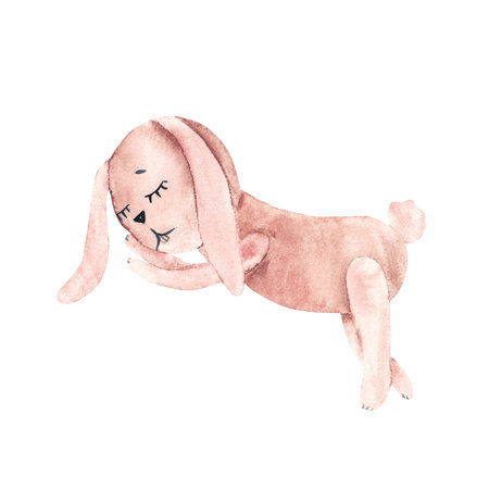Pink Rabbit girl. Cute Childrens plush Bunny Toy. Hare watercolor illustration in vintage style isolated on white background. Design Element for kids cards and posters.の写真素材