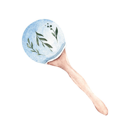 Wooden Rattle with floral motives. Vintage Eco Baby toy. Watercolor hand drawn illustration in blue, green and beige tones isolated on white background. Clip art for kids products, baby shower invitations and newborn greeting cards.の写真素材