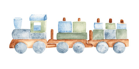 Wooden Train Building Blocks Toys for Kids. Watercolor Hand drawn illustration in Vintage style isolated on white background. Design Element for Kids goods, posters, birthday cards and baby shower invitations.の写真素材