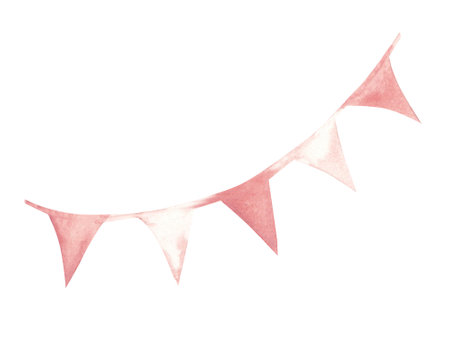 Bunting Party Flags. Hand drawn Watercolor illustration of Pink Birthday Garland in Vintage style isolated on a white background. Design Element for Birthday, Baby Shower, Girl Gender party.の写真素材