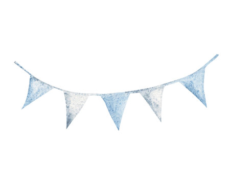 Bunting Party Flags. Hand drawn Watercolor illustration of Blue Birthday Garland in Vintage style isolated on a white background. Design Element for Birthday, Baby Shower, Boy Gender party.の写真素材