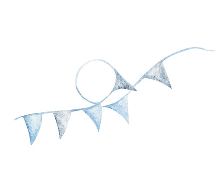 Bunting Party Flags. Hand drawn Watercolor illustration of Blue Birthday Garland in Vintage style isolated on a white background. Design Element for Birthday, Baby Shower, Boy Gender party.の写真素材