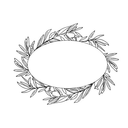 Olive Oval Frame, Wreath with Olive Branches and Fruits isolated on white background. Ink vector illustration For Logos, Wedding Invitations, Save the date and greeting cards.のイラスト素材