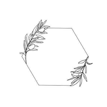 Olive polygonal Frame. Hand drawn Olive Branches and Fruits. Vector illustration for Logos and stationery.のイラスト素材
