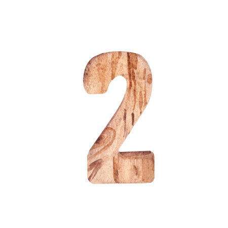 Wood Number Two. Front view. Watercolor illustration in rustic style isolated on white background....