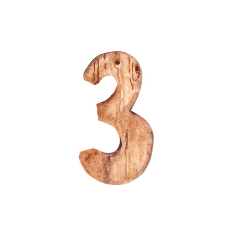Wooden Number Three. Front view. Watercolor illustration in rustic style isolated on white background. Design element with a realistic wood textureの写真素材
