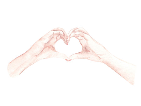 Woman Hands showing Heart. Heart shape gesture, symbol of love and romance. Hand drawn Watercolor illustration for Wedding, Engagement and Valentine day cards and prints.の写真素材