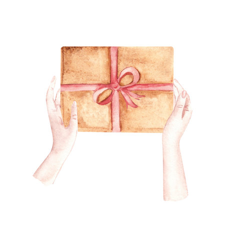 Female Hands holding brown kraft Gift box with red satin ribbon with bow. Top view. Hand painted watercolor illustration isolated on a white background. Can be used for cards and prints for Valentines day and Birthday.の写真素材