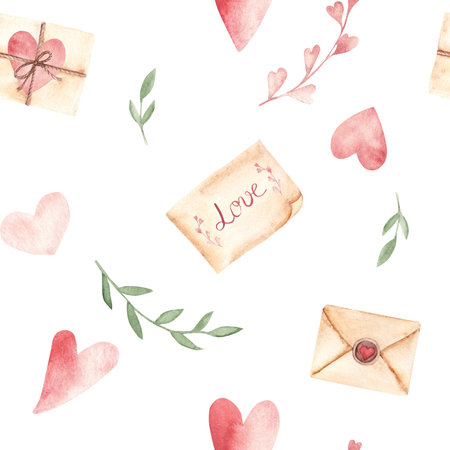 Valentines Day or Wedding Watercolor Seamless Pattern with pink Hearts craft Envelopes, vintage love Letters and green branches. Watercolor hand drawn illustration isolated on a white background. For fabric or textile prints, gift packaging paperの写真素材