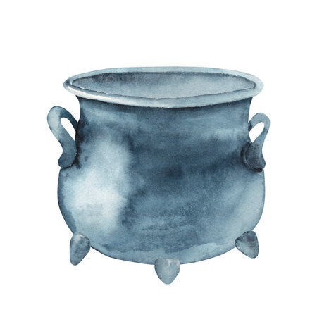 Cauldron or Cast iron Pot on three legs. Hand drawn Watercolor illustration isolated on a white background for St. Patricks Day, Halloween, pagan witchcraft or Esoteric designs.の写真素材