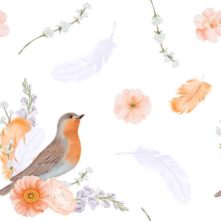 Watercolor Seamless Pattern of Bird, Feathers and Spring Flowers. Blossoming ranunculus, Iceland poppies, peach, cherry and freesia branches. Hand drawn Illustration for fabric or textile prints, gift packaging paper.の写真素材