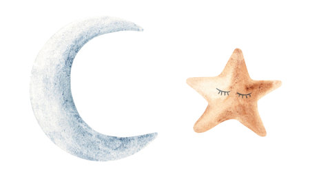 Set of Crescent blue Moon and cute sleeping Star. Watercolor illustration in Boho style isolated on white background. Design Element for kids goods, prints, cards or invitations.の写真素材
