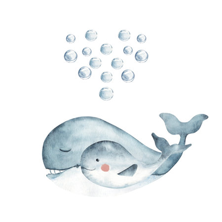Dad and baby blue whales with heart from Water Bubbles. Happy Fathers Day composition. Watercolor Hand drawn Sea animal illustration isolated on white background. For cards, posters, children t-shirts prints.の写真素材