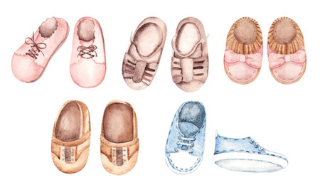 Baby Shoes Set for Boy and Girl. Hand drawn watercolor illustration of Booties, summer Sandals, Moccasins and Sneakers for Kids isolated on a white background. Cute Infant footwear clipart for invitations, Gender party, Baby shower, Greeting cards, Nursery posters, tags and stickers.の写真素材