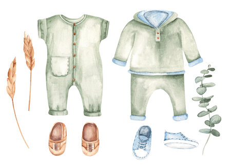 Baby Boy Clothes and Floral Set, Bodysuit, Sweatshirt and pants, Sneakers and moccasins. Eucalyptus and Spikelets of Wheat. Watercolor hand drawn illustration in eco style. Kids cute design elements for children greeting or birthday cards, baby shower.の写真素材