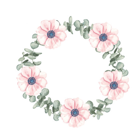 Eucalyptus branches and Anemone wreath, circle frame. Tender Greenery. Hand drawn floral illustration isolated on white background. For stationery, invitations, save the date, wedding or greeting cards.の写真素材