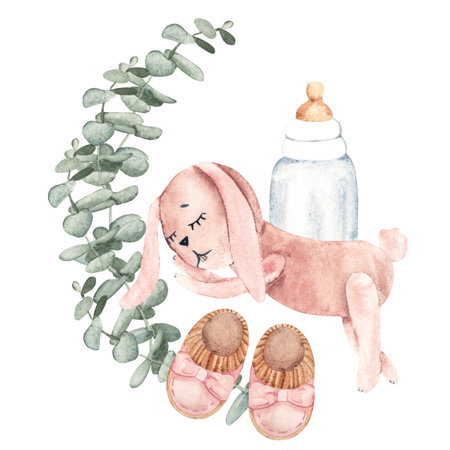 Baby Girl cute composition. Pink Booties, plush Bunny Toy, Bottle for milk and eucalyptus branches. Watercolor hand drawn kid illustration in eco style. For baby shower, Its a girl or gender reveal party.の写真素材