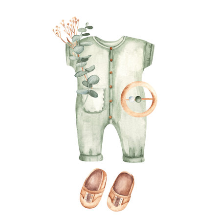 Baby shower Boy composition in eco style. Bodysuit and moccasins, teething ring and eucalyptus. Watercolor hand drawn kid illustration isolated on a white background. For Its a boy, gender reveal or birthday, welcome baby party.の写真素材