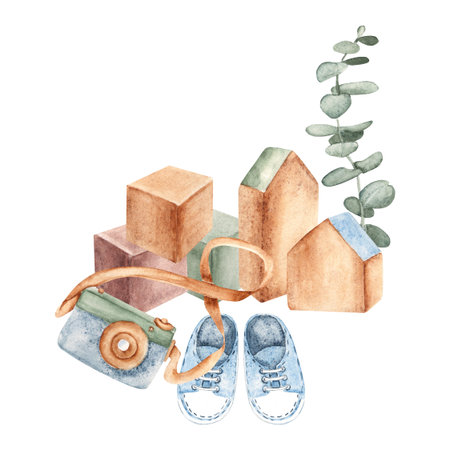 Eco Baby composition. Wooden toys, cubes and camera, baby sneakers and eucalyptus branches. Watercolor hand drawn kid illustration isolated on a white background. For baby shower or welcome baby party.の写真素材