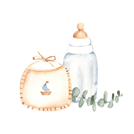 Newborn Boy Composition. Baby Bib with a boat, Bottle for milk and eucalyptus branch. Watercolor hand drawn illustration of cute Infant accessories in eco style. For invitations, Gender party, Baby shower, Greeting cards, Nursery posters, child Food, Nutrition.の写真素材