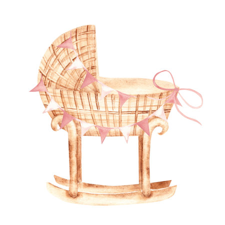 Baby Girl cradle from rattan with Bunting Party Flags, pink Garland in Vintage style isolated on a white background. Hand drawn Watercolor Crib illustration in eco style. Childrens accessory for newborn greeting or birthday cards, baby shower invitations, gender reveal party.の写真素材