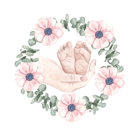Baby shower watercolor composition. Newborn Baby feet in Mother Hands inside of anemone and eucalyptus wreath. Hand drawn illustration for gender reveal party, Mothers day cards and invitations.の写真素材