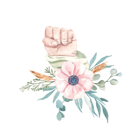 Baby shower composition. Newborn Baby Hand, Child Fist with anemone flower bouquet isolated on a white background. For Gender Party, its a girl Cards and Invitations.の写真素材
