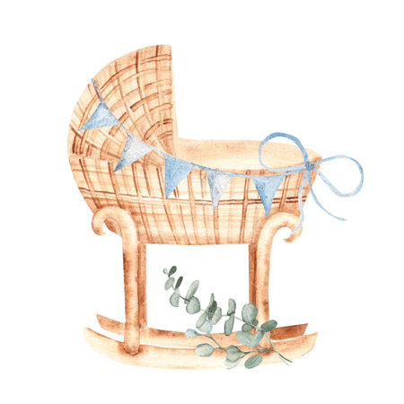 Baby Boy cradle from rattan with Bunting Party blue Flags and eucalyptus bouquet in Vintage style isolated on a white background. Hand drawn Watercolor Crib illustration in eco style. Childrens accessory for newborn greeting or birthday cards, baby shower invitations, gender reveal party.の写真素材