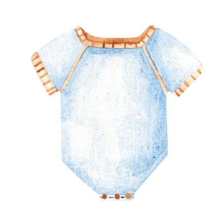 Watercolor Boy Bodysuit in blue color. Newborn cute underwear clothes. Hand drawn kids design element for newborn greeting or birthday cards, gender reveal party.の写真素材