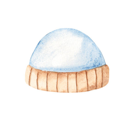 Watercolor illustration of Baby Boy Cap. Hand drawn Watercolor illustration of cute blue Bonnet for Newborn isolated on a white background. Infant accessory for invitations, Gender party, Baby shower, Greeting cards.の写真素材