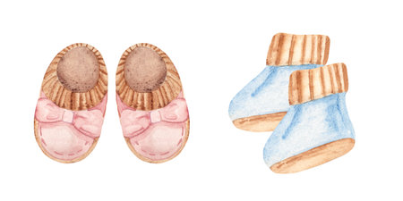 Baby Shoes Set for Boy and Girl. Hand drawn watercolor illustration of Booties for Kids isolated on a white background. Cute Infant footwear clipart for invitations, Gender party, Baby shower, Greeting cards, Nursery posters, tags and stickers.の写真素材