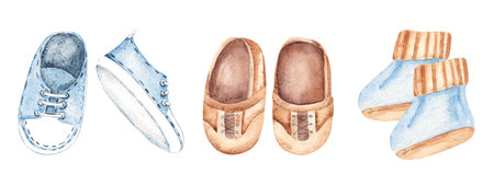Baby Boy Shoes Set. Blue Booties, Brown leather moccasins and jeans Sneakers. Hand drawn watercolor illustration of Kids Boots isolated on a white background. Cute Infant clipart for invitations, Gender party, Baby shower, Greeting cards, Gender reveal party, tags and stickers.の写真素材
