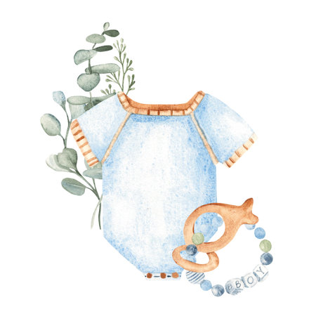 Baby Boy composition in eco style. Bodysuit, Teething ring with letters spelling BOY and eucalyptus floral bouquet. Watercolor hand painted cute kid clothes on a white background. For baby shower, its a boy, gender reveal party.の写真素材
