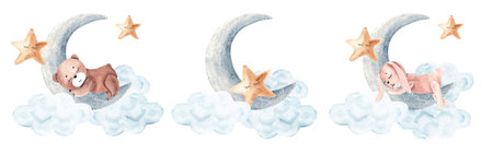 Watercolor cute baby night compositions set. Rabbit, teddy bear or star sleep on the moon with clouds. Hand drawn illustration in vintage style for a boy and a girl.の写真素材